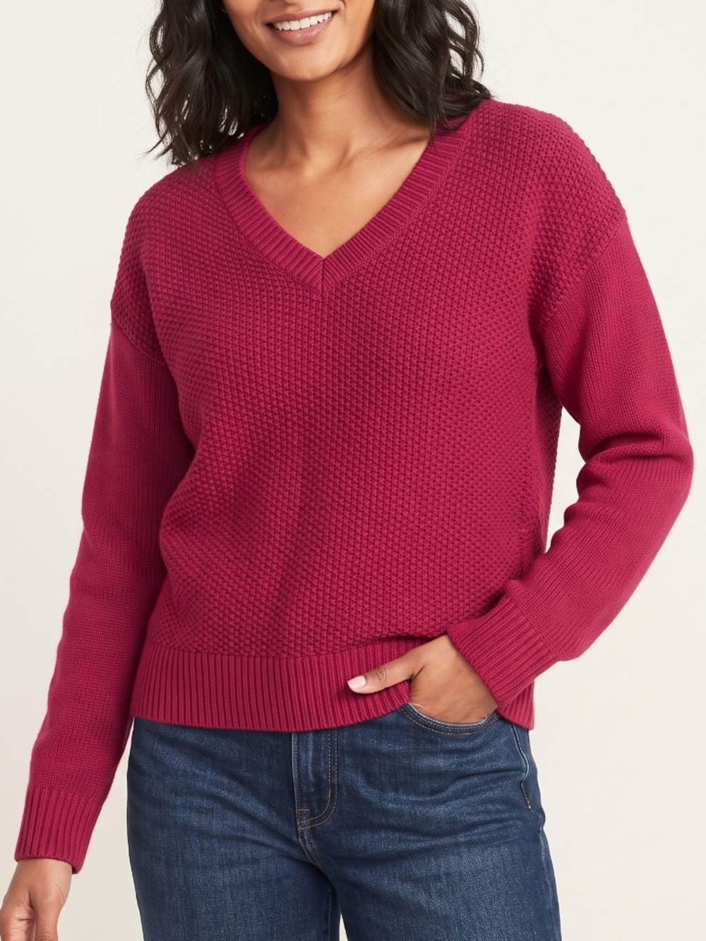 Banana Republic Women's V-Neck Textured Red Sweater